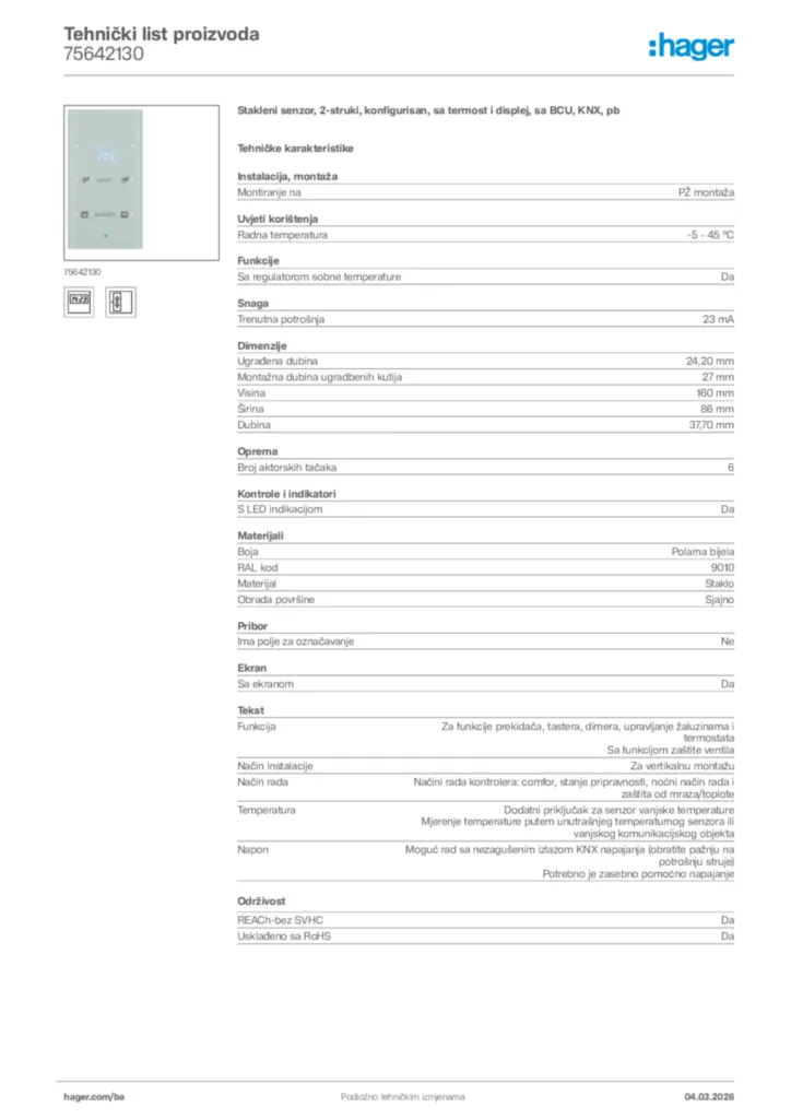 Slika Hager Tehnički list proizvoda 75642130  | Hager