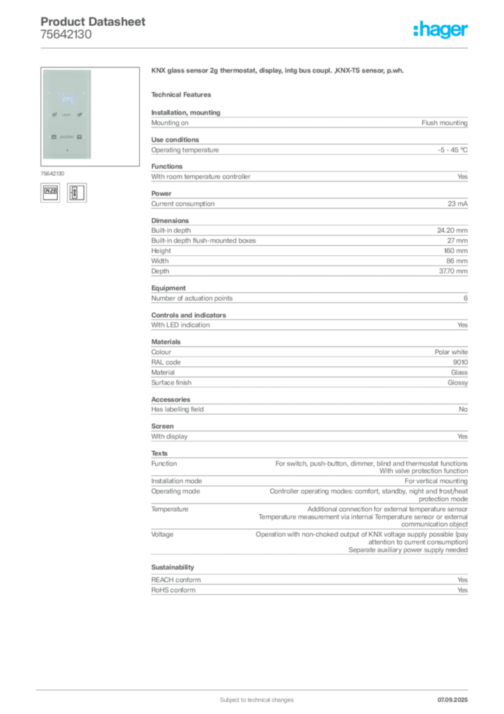 Image Hager Product data sheet 75642130  | Hager