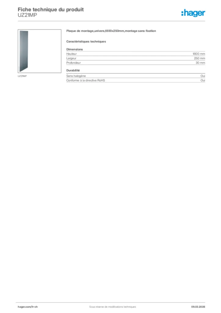 Image Hager Fiche technique du produit UZ21MP | Hager Suisse