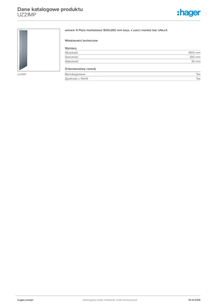 Zdjęcie Hager Karta katalogowa UZ21MP | Hager Polska