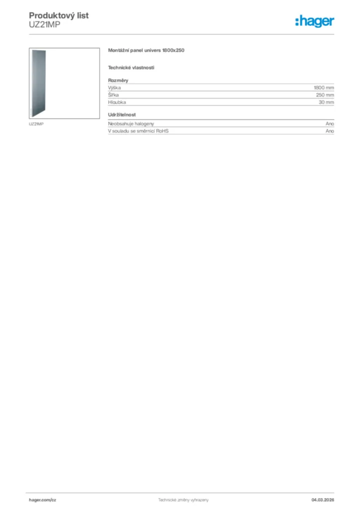 Obrázek Hager Product data sheet UZ21MP | Hager
