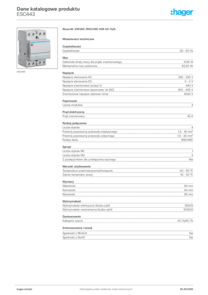 Zdjęcie Hager Karta katalogowa ESC443 | Hager Polska