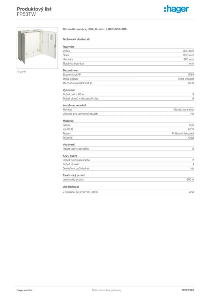 Obrázek Hager Produktový list FP53TW | Hager