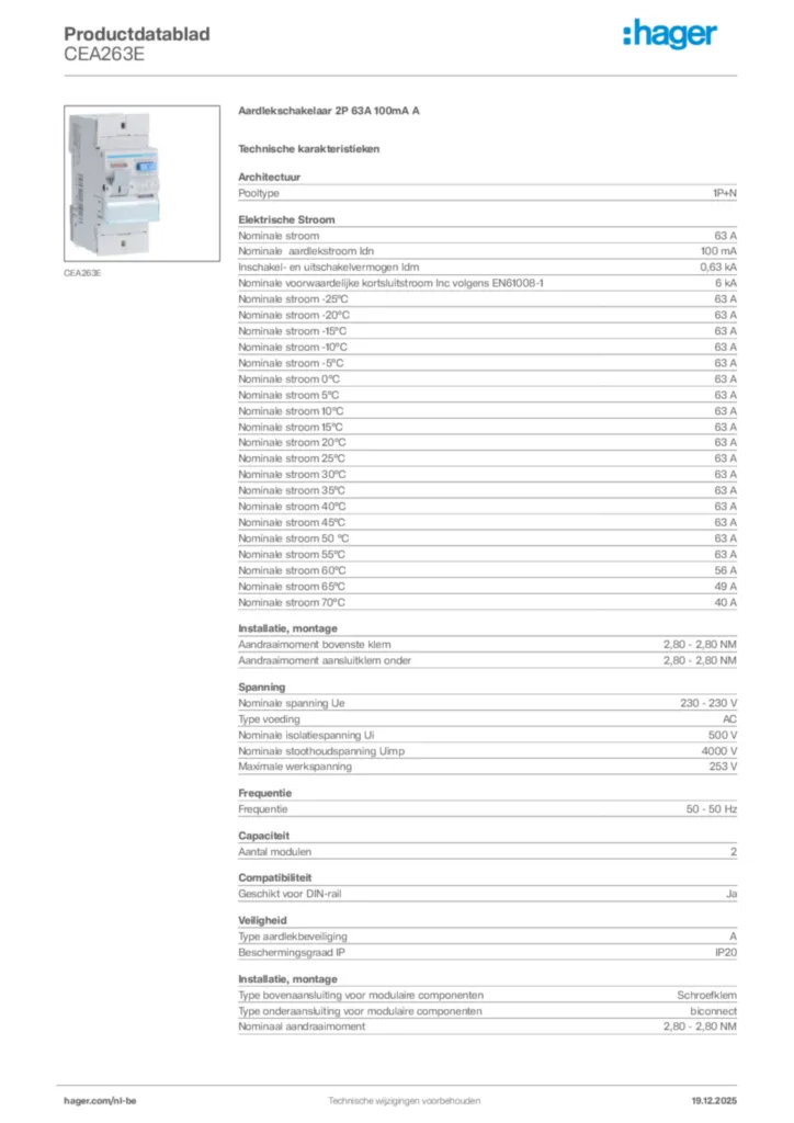 Afbeelding Hager Productdatablad CEA263E | Hager Belgium