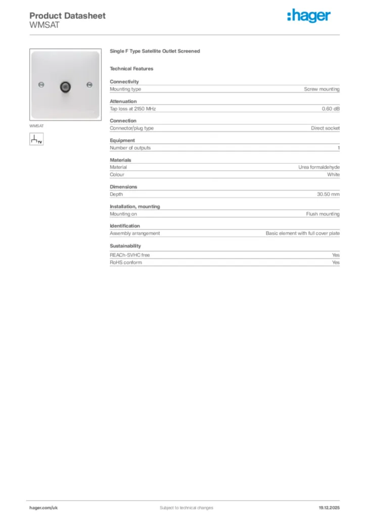 Image Hager Product data sheet WMSAT  | Hager
