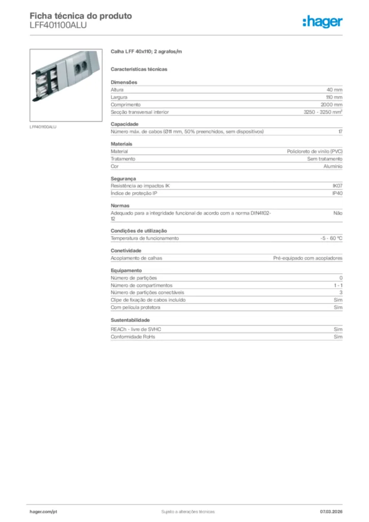 Imagem Hager Ficha técnica do produto LFF401100ALU | Hager Portugal