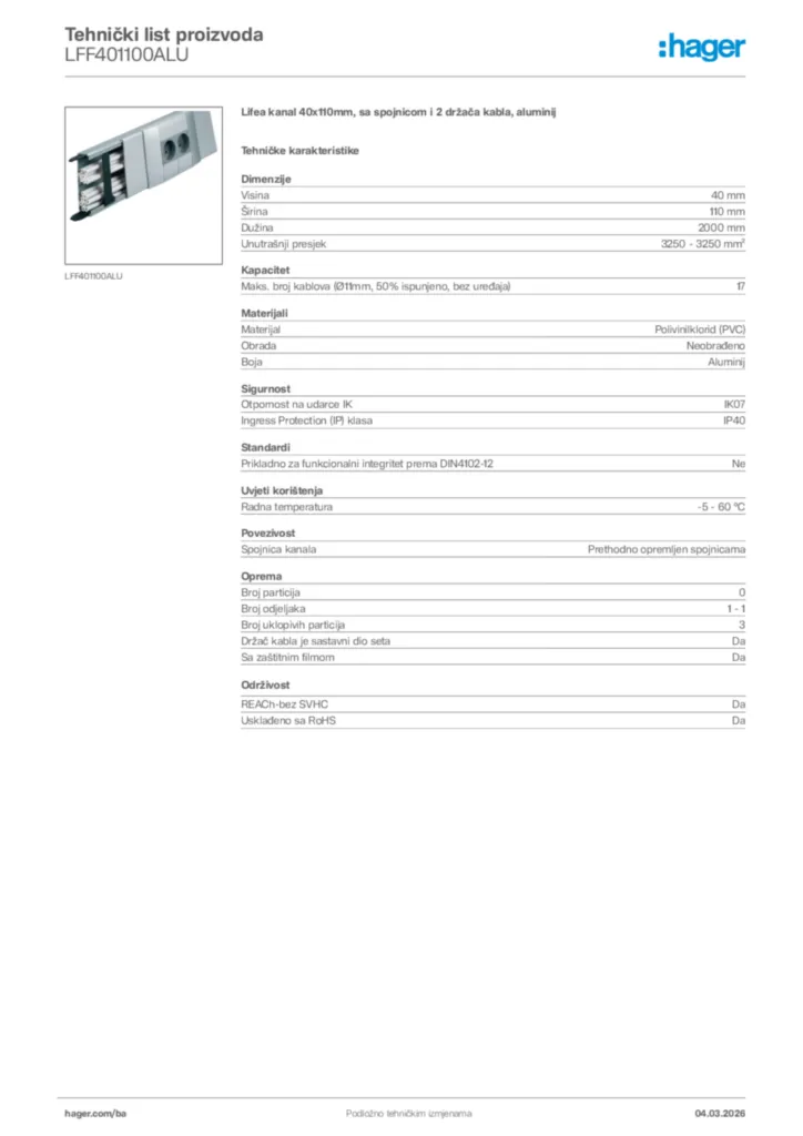 Slika Hager Tehnički list proizvoda LFF401100ALU  | Hager