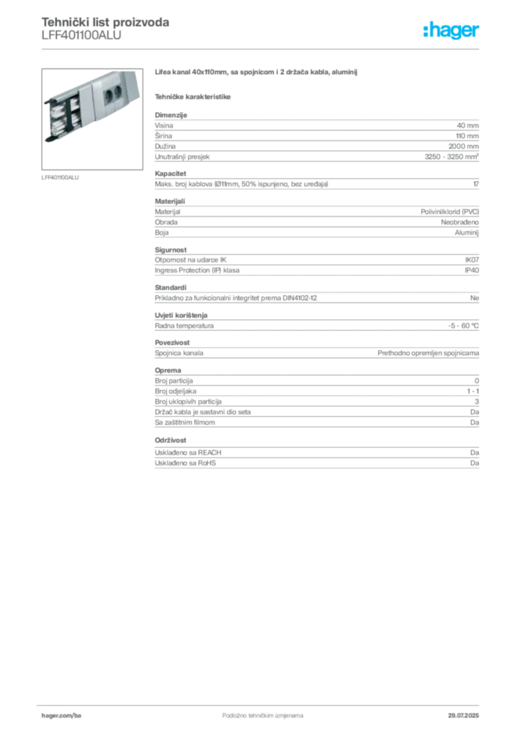 Slika Hager Product data sheet LFF401100ALU  | Hager