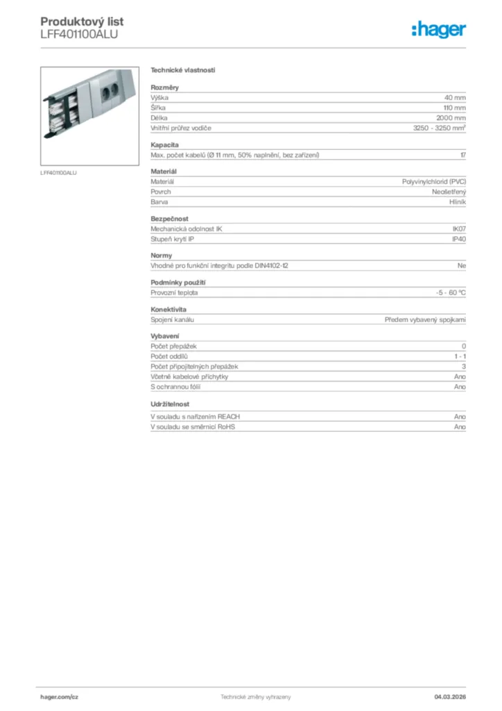 Obrázek Hager Product data sheet LFF401100ALU | Hager