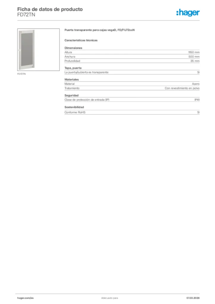 Imagen Hager Ficha de datos de producto FD72TN | Hager España