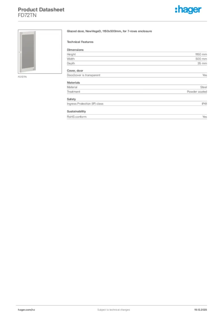 Image Hager Product data sheet FD72TN  | Hager New Zealand