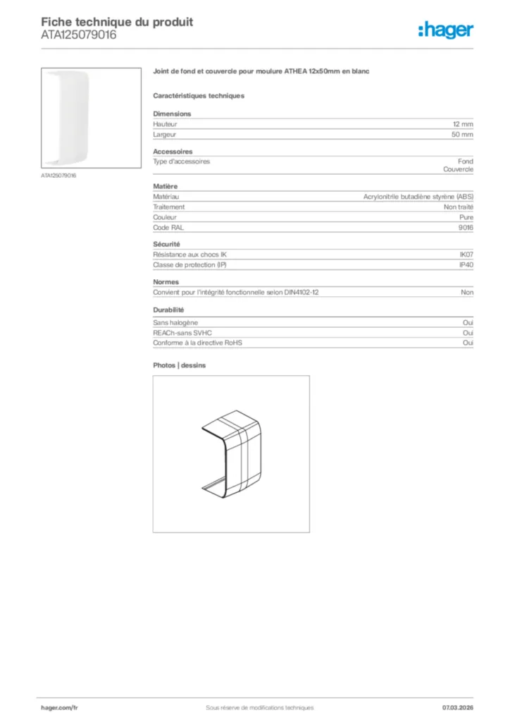 Image Hager Fiche technique du produit ATA125079016 | Hager France