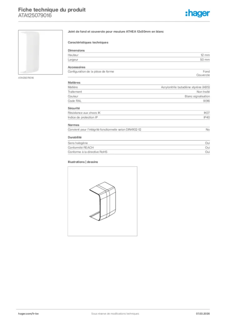 Image Hager Fiche technique du produit ATA125079016 | Hager Belgique