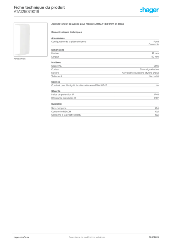 Image Hager Fiche technique du produit ATA125079016 | Hager Belgique