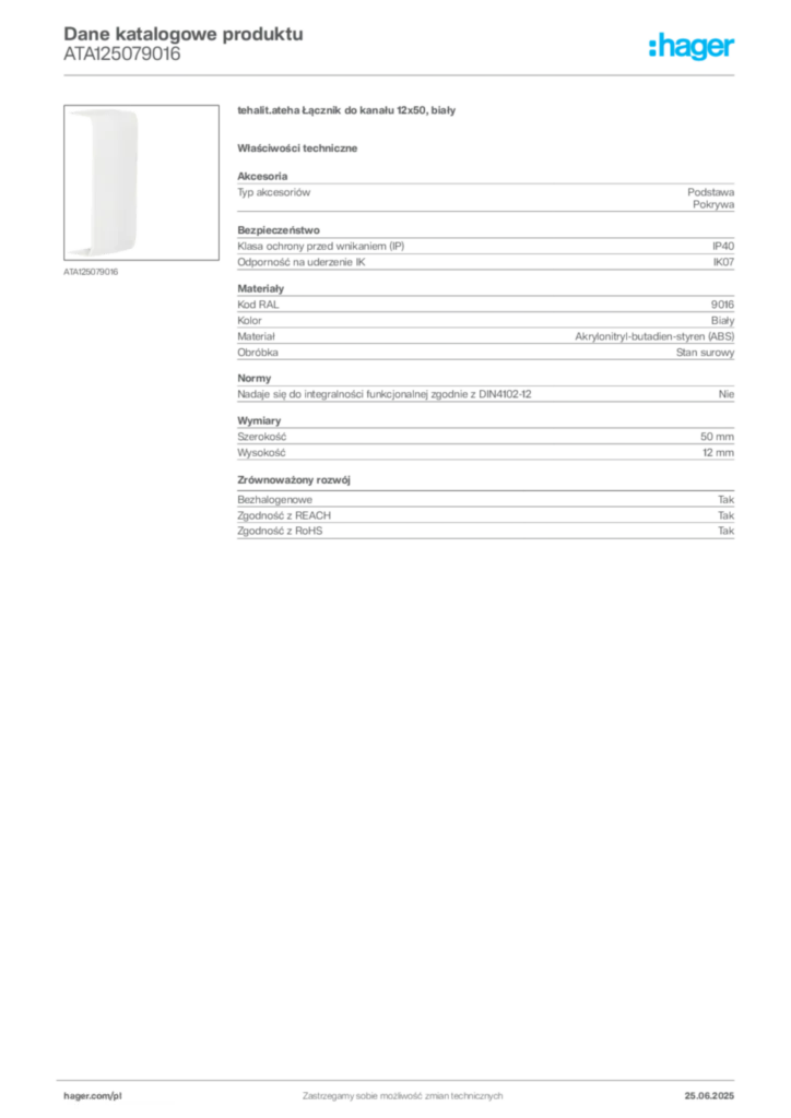 Zdjęcie Hager Karta katalogowa ATA125079016 | Hager Polska
