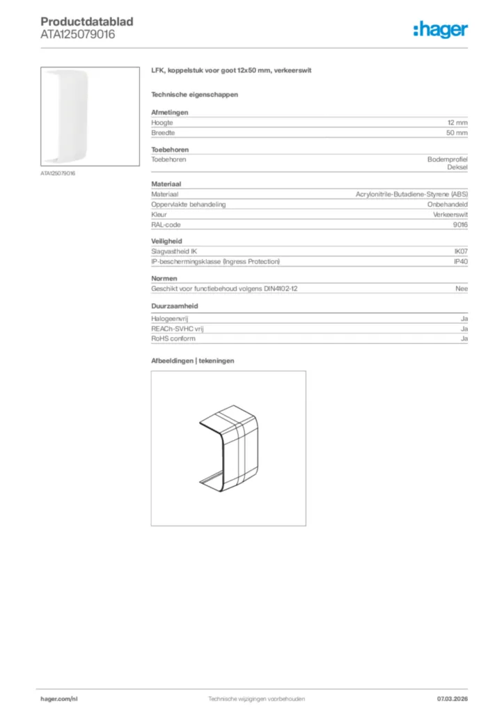 Afbeelding Hager Productdatablad ATA125079016 | Hager Nederland