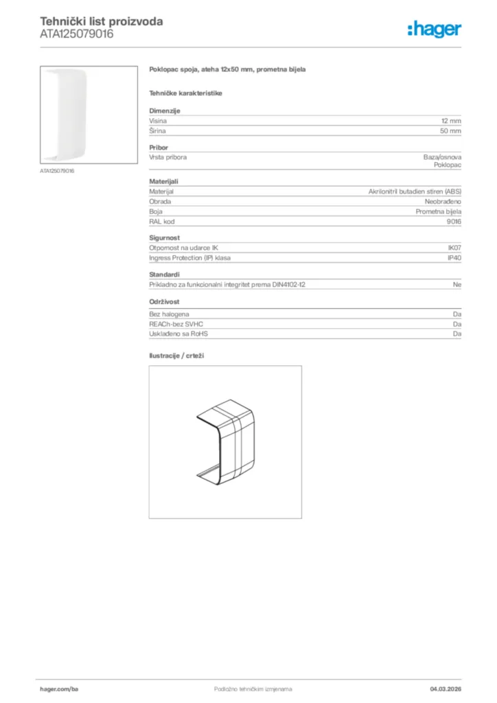 Slika Hager Tehnički list proizvoda ATA125079016  | Hager