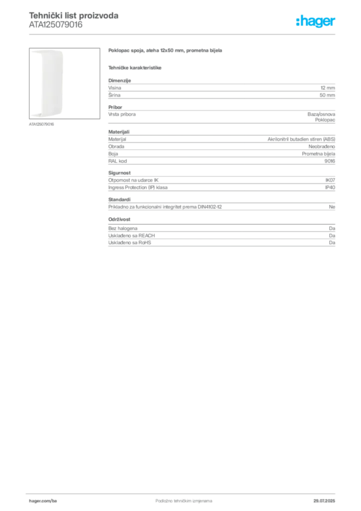 Slika Hager Product data sheet ATA125079016  | Hager