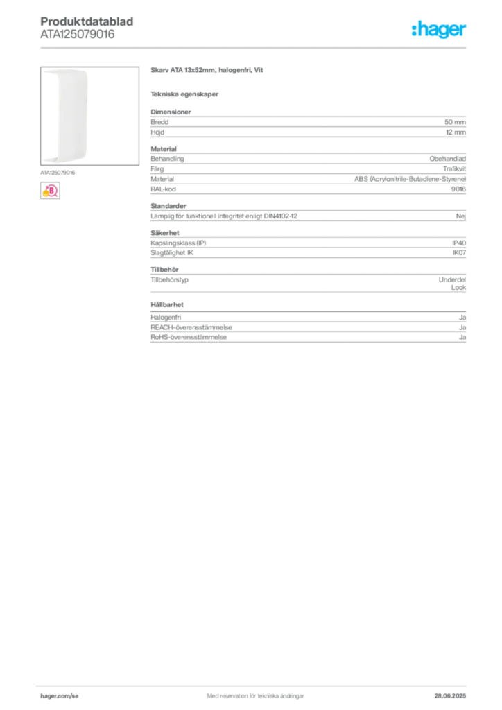 Bild Hager Produktdatablad ATA125079016 | Hager Sverige