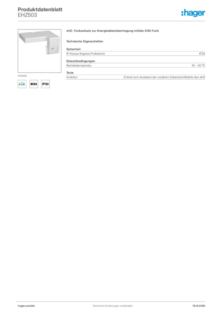 Bild Hager Produktdatenblatt EHZ503 | Hager Deutschland