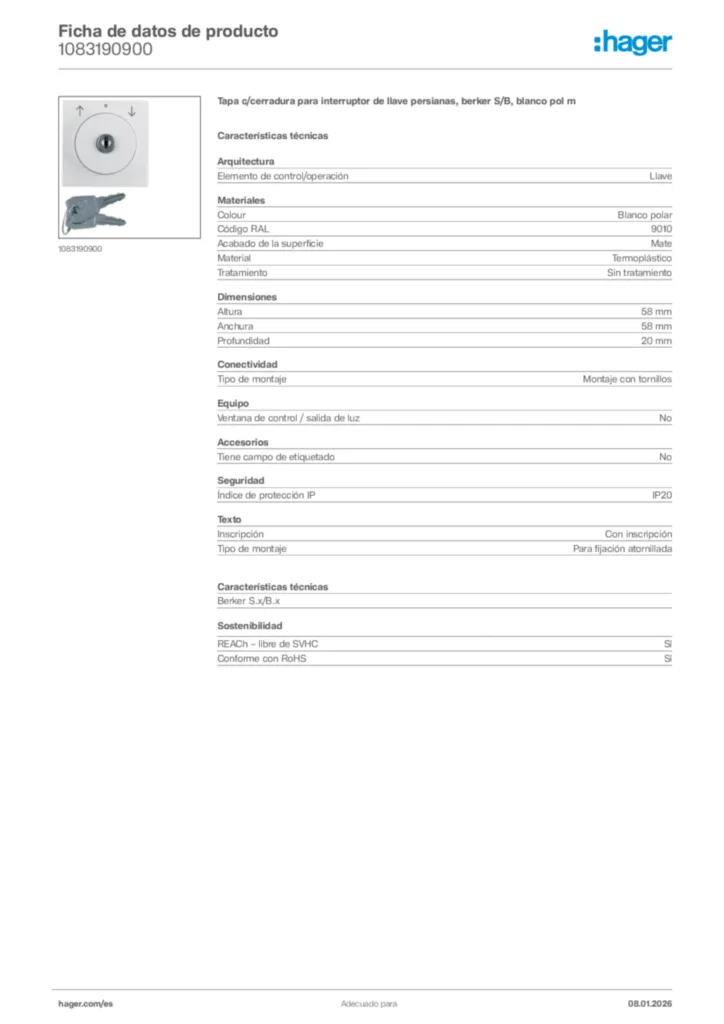 Imagen Hager Ficha de datos de producto 1083190900 | Hager España