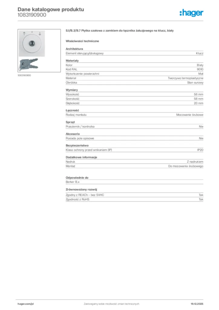 Zdjęcie Hager Karta katalogowa 1083190900 | Hager Polska