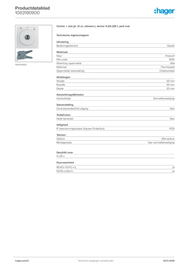 Afbeelding Hager Productdatablad 1083190900 | Hager Nederland