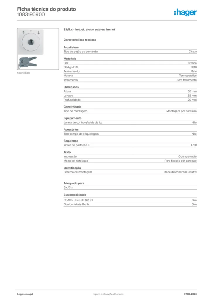 Imagem Hager Ficha técnica do produto 1083190900 | Hager Portugal