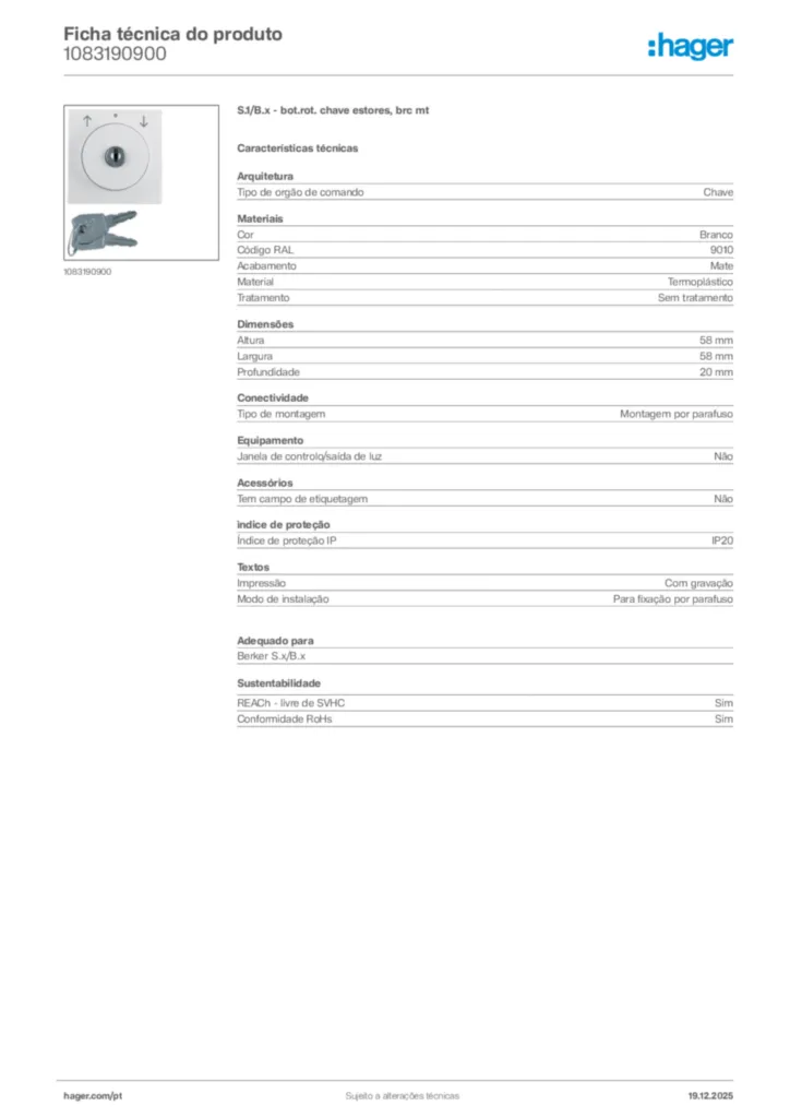 Imagem Hager Ficha técnica do produto 1083190900 | Hager Portugal