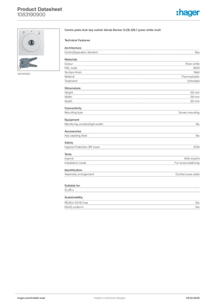 Image Hager Product data sheet 1083190900  | Hager