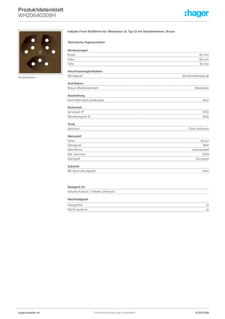 Bild Hager Produktdatenblatt WH20640309H | Hager Schweiz