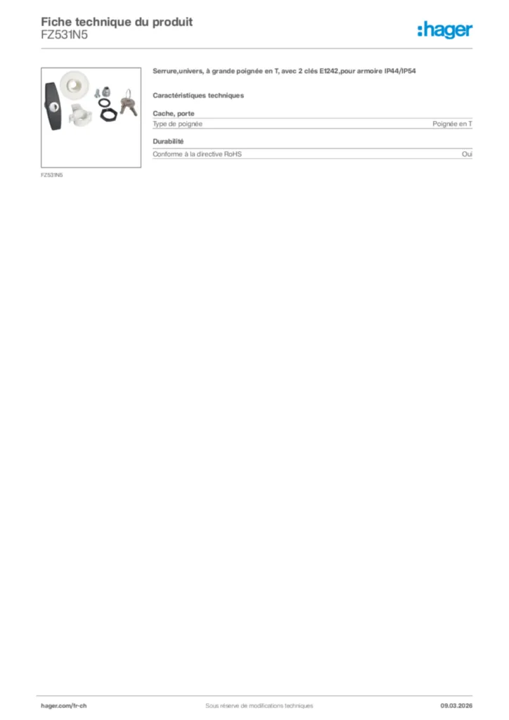 Image Hager Fiche technique du produit FZ531N5 | Hager Suisse