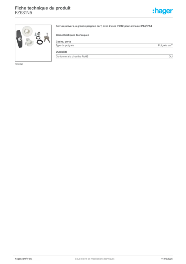 Image Hager Fiche technique du produit FZ531N5 | Hager Suisse