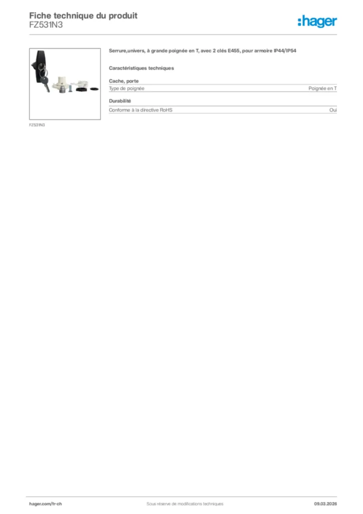 Image Hager Fiche technique du produit FZ531N3 | Hager Suisse