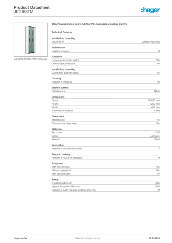 Image Hager Product data sheet JKD168TM  | Hager