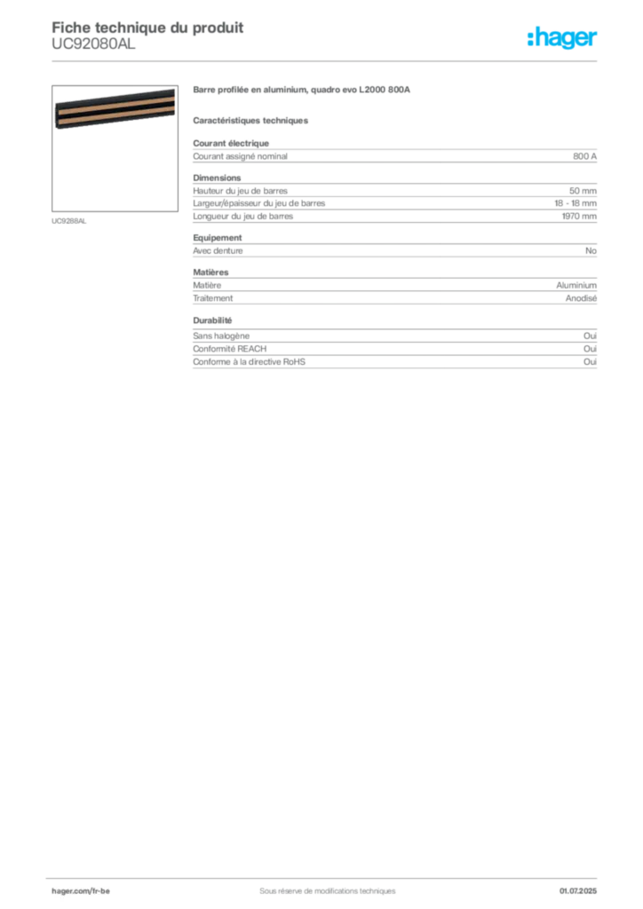 Image Hager Fiche technique du produit UC92080AL | Hager Belgique