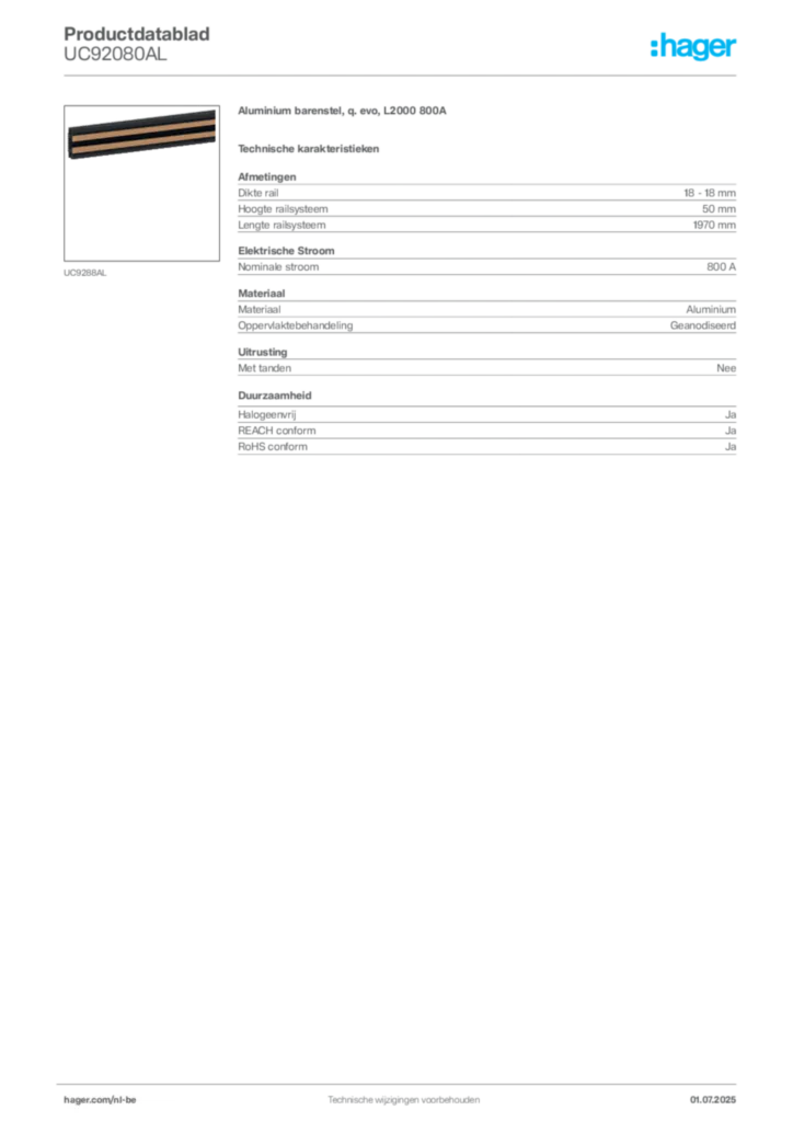 Afbeelding Hager Productdatablad UC92080AL | Hager Belgium