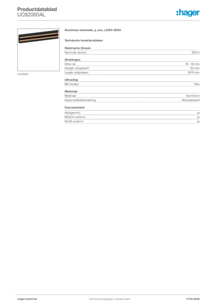 Afbeelding Hager Productdatablad UC92080AL | Hager Belgium