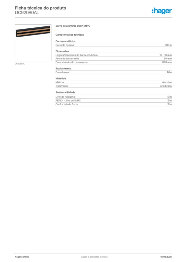 Imagem Hager Ficha técnica do produto UC92080AL | Hager Portugal