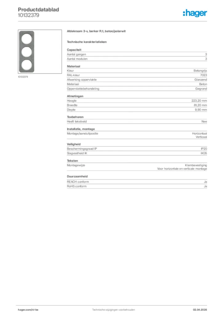 Afbeelding Hager Productdatablad 10132379 | Hager Belgium
