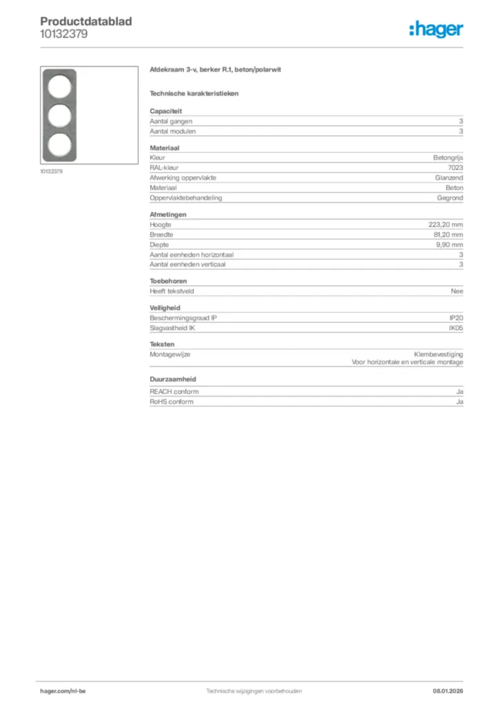 Afbeelding Hager Productdatablad 10132379 | Hager Belgium