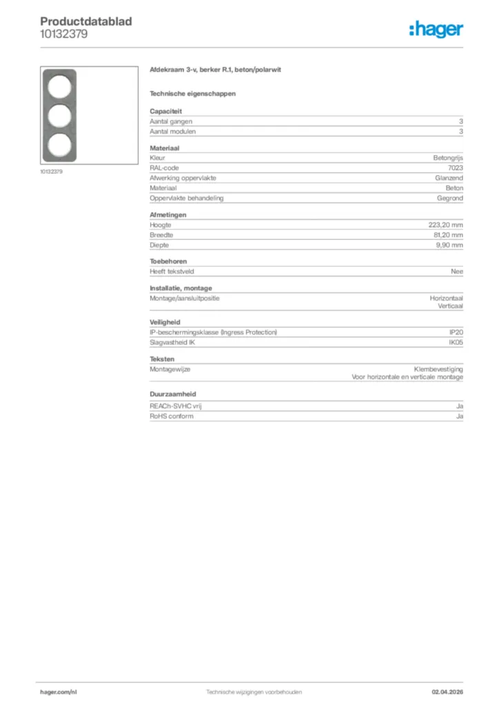 Afbeelding Hager Productdatablad 10132379 | Hager Nederland