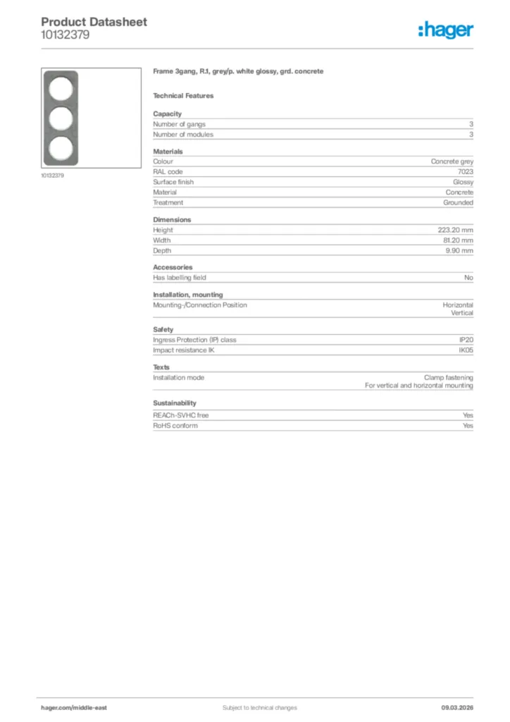 Image Hager Product data sheet 10132379  | Hager