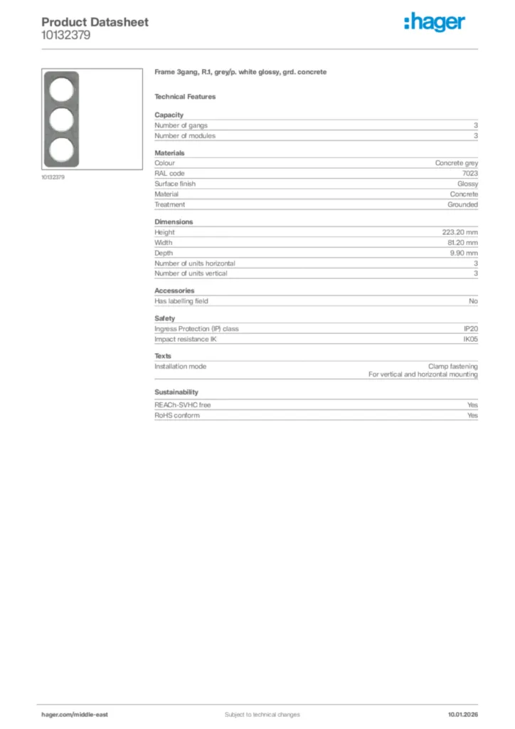 Image Hager Product data sheet 10132379  | Hager