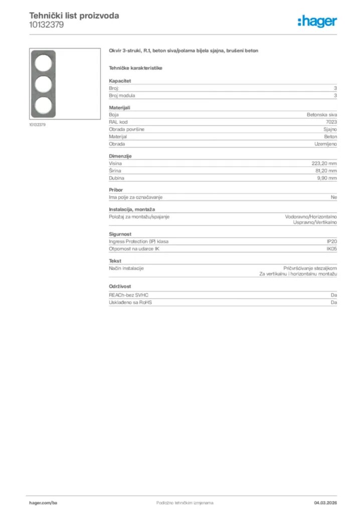 Slika Hager Tehnički list proizvoda 10132379  | Hager