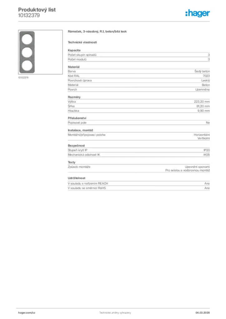 Obrázek Hager Product data sheet 10132379 | Hager