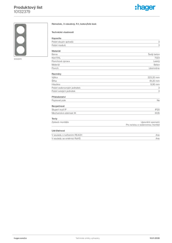 Obrázek Hager Product data sheet 10132379 | Hager