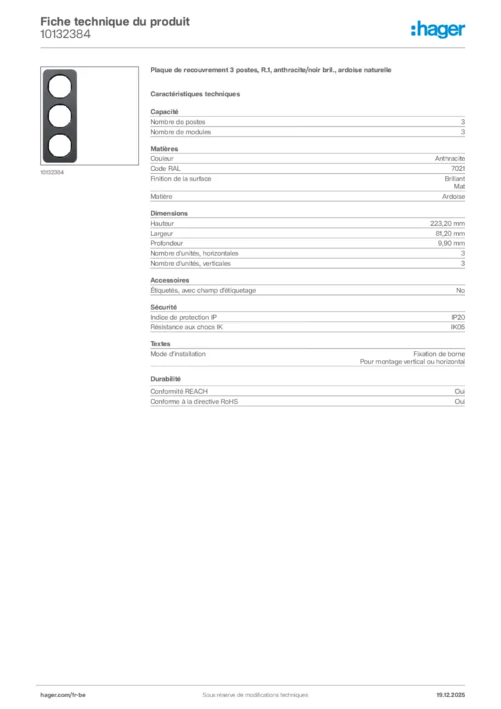 Image Hager Fiche technique du produit 10132384 | Hager Belgique