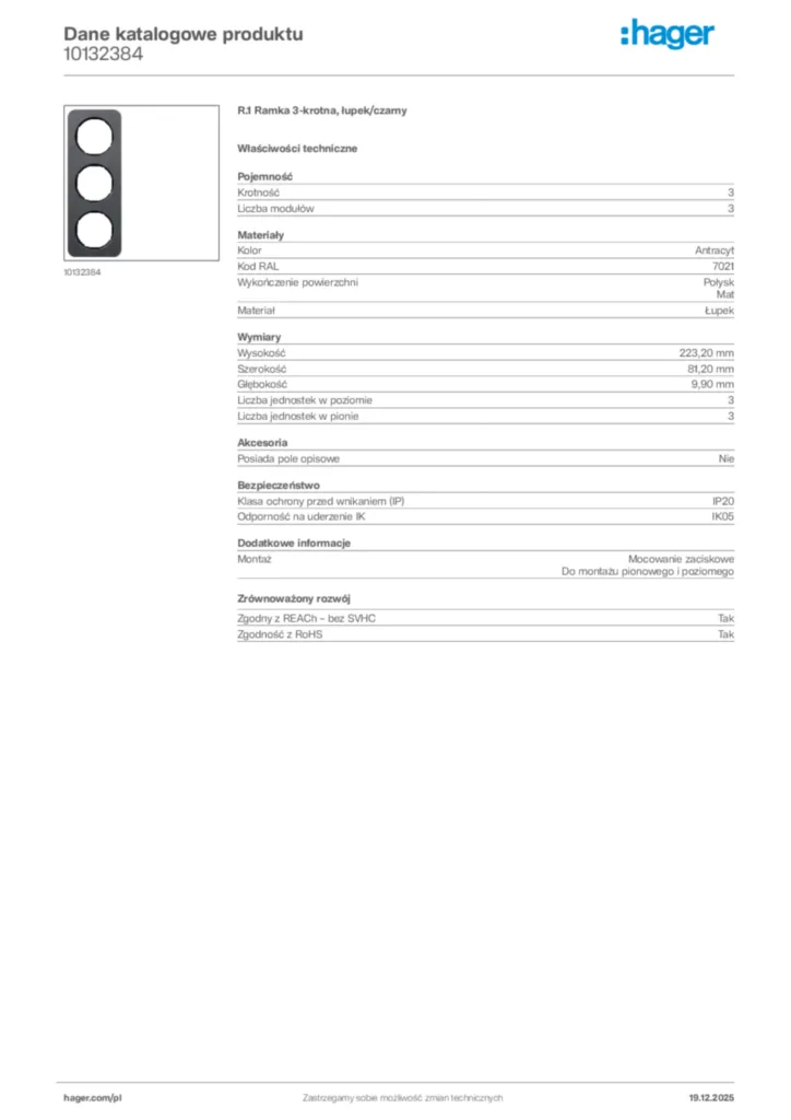 Zdjęcie Hager Karta katalogowa 10132384 | Hager Polska