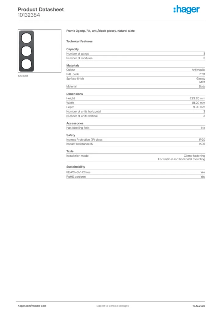 Image Hager Product data sheet 10132384  | Hager